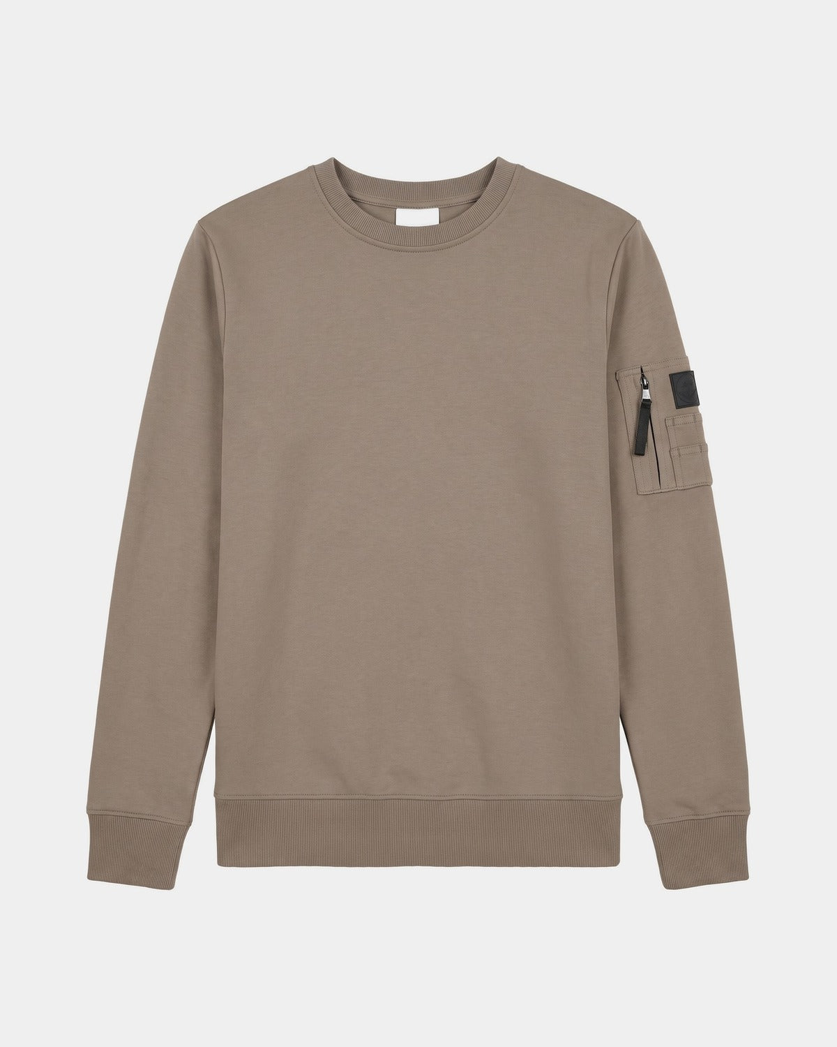 Sweat Ange maquis à col rond vu de face, poche zippée sur la manche gauche
