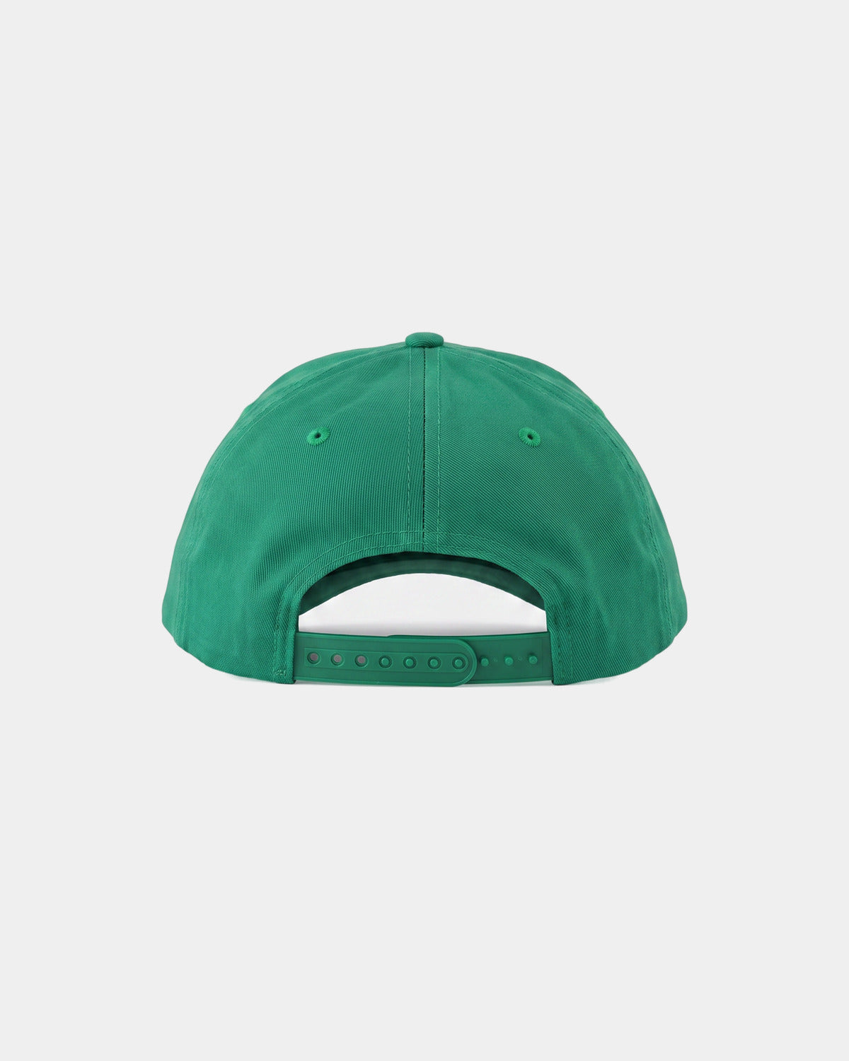 Casquette verte en coton SGIÒ, vue de dos, sangle de réglage en plastique, sur fond clair