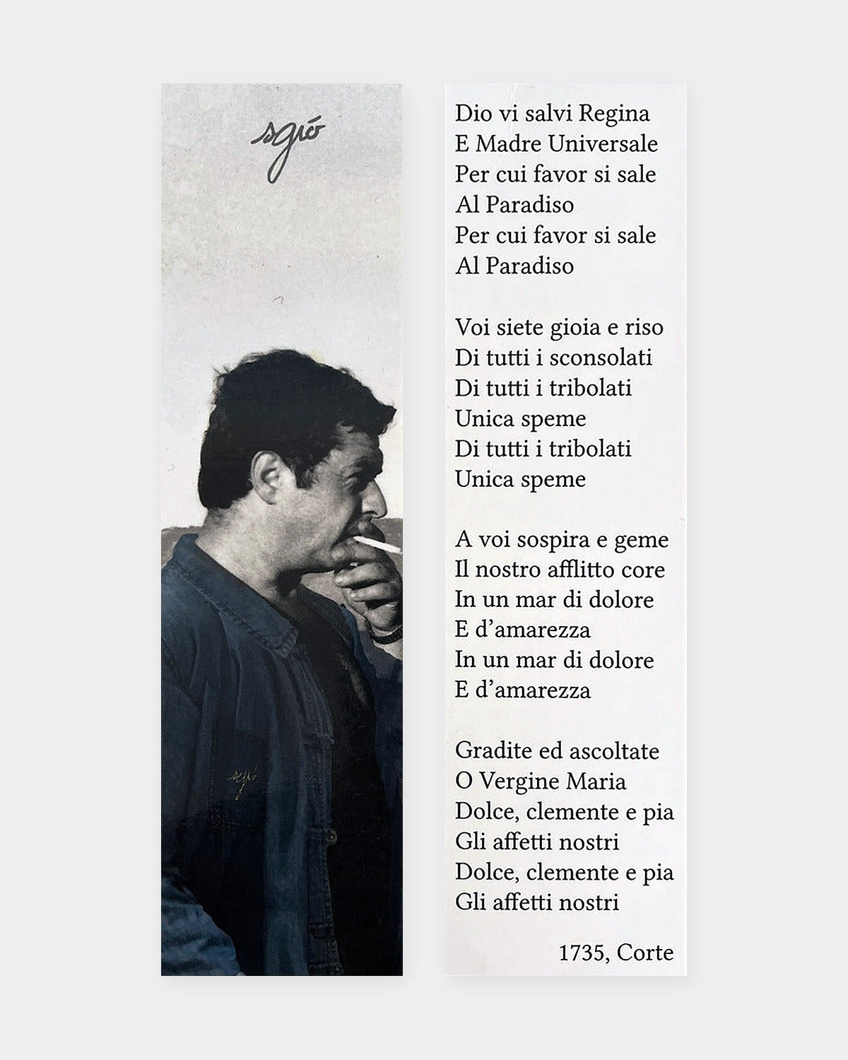 Marque-page Dio vi salvi Regina SGIÒ, recto avec la signature et un portrait, verso avec les paroles de l'hymne corse