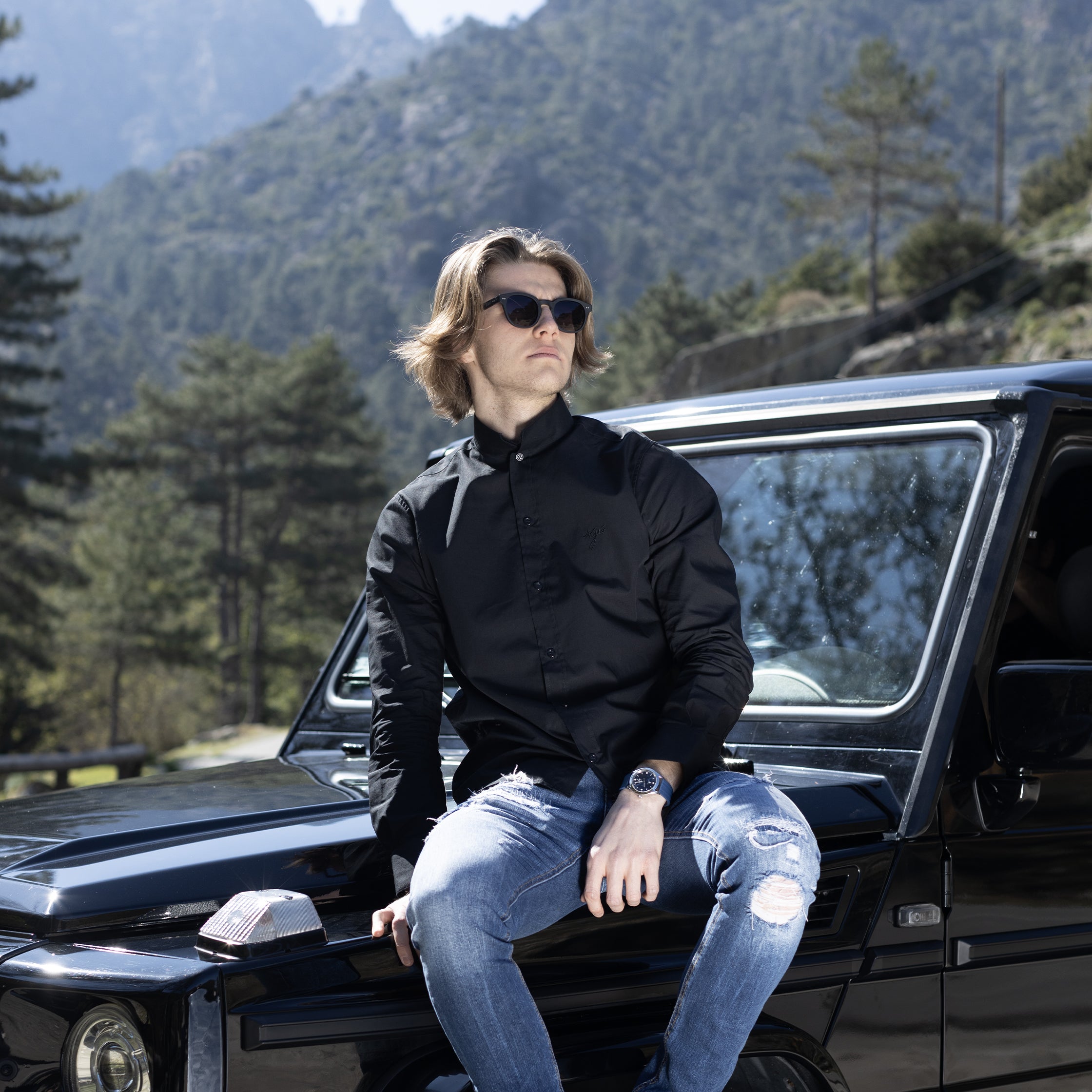 CHEMISE NOIR JEAN col mao