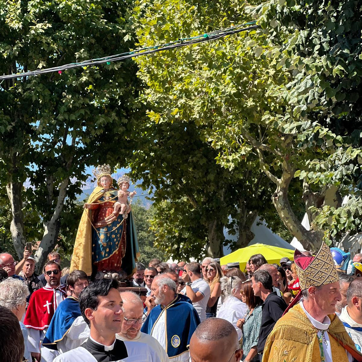 Statue de la Vierge portée en procession sous les platanes à Casamaccioli