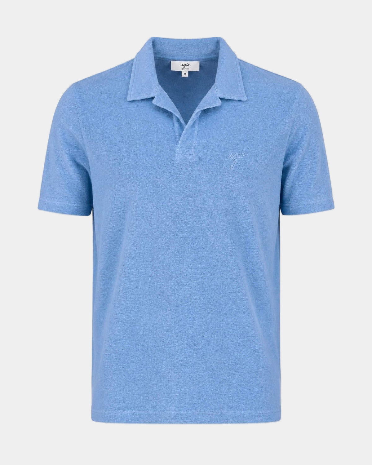 Polo Santu en éponge bleu clair SGIÒ, col ouvert, signature brodée sur la poitrine, vue de face sur fond clair