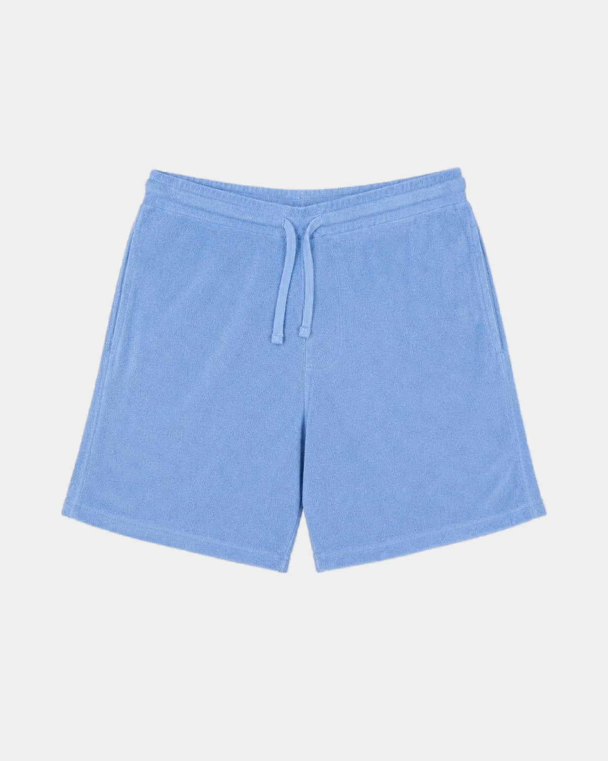 Short Paul en éponge bleu clair SGIÒ, taille élastique à cordon, vue de face sur fond clair