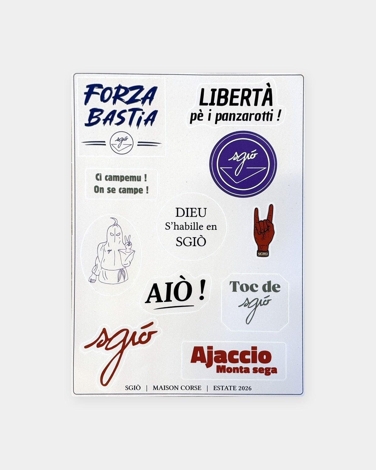 Planche de 11 stickers corses SGIÒ, édition Estate 2026 : Forza Bastia, Aiò, Toc de sgiò, le pénitent